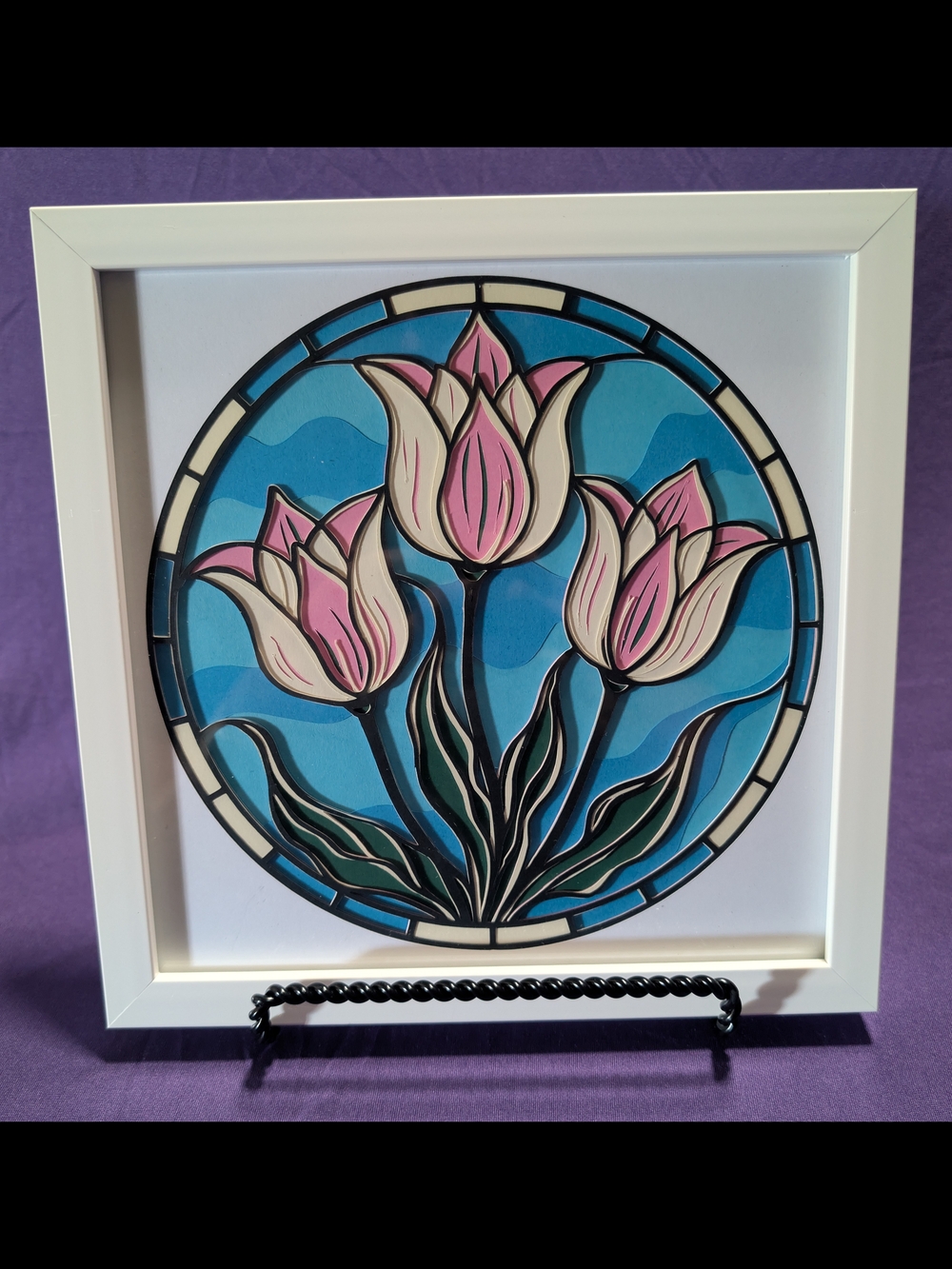 Framed Pink Tulip Layered Papercraft Wall Art - White Frame